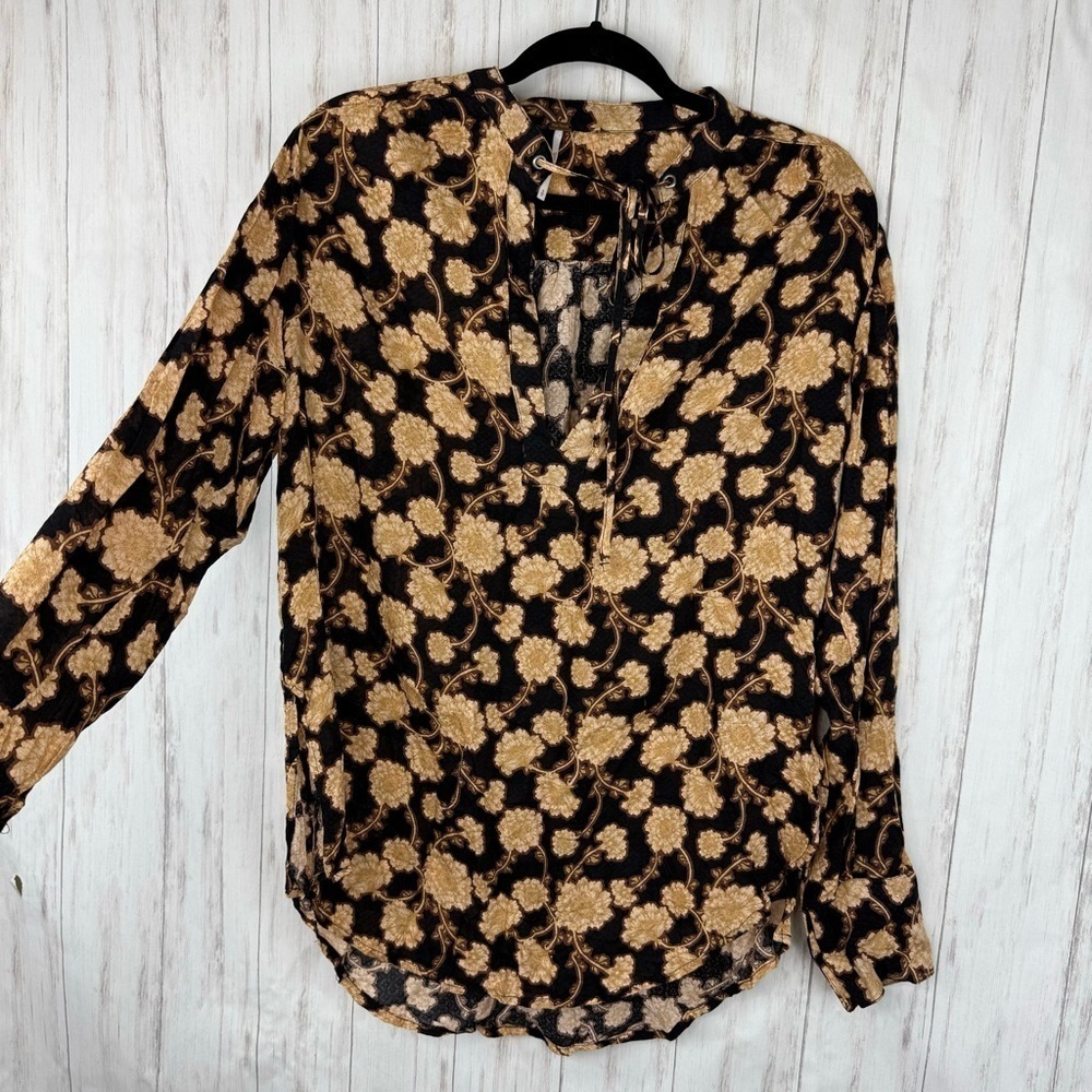 Free People tan and black floral blouse